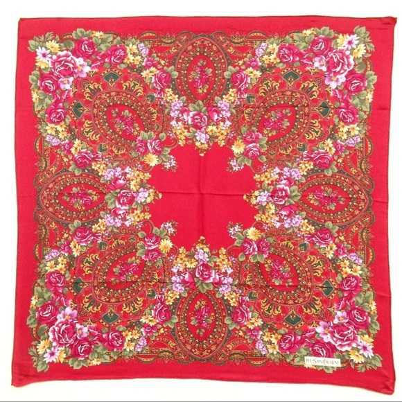 AUTH Yves Saint Laurent YSL Red Multicolor Scarf 100% Silk - Picture 1 of 8